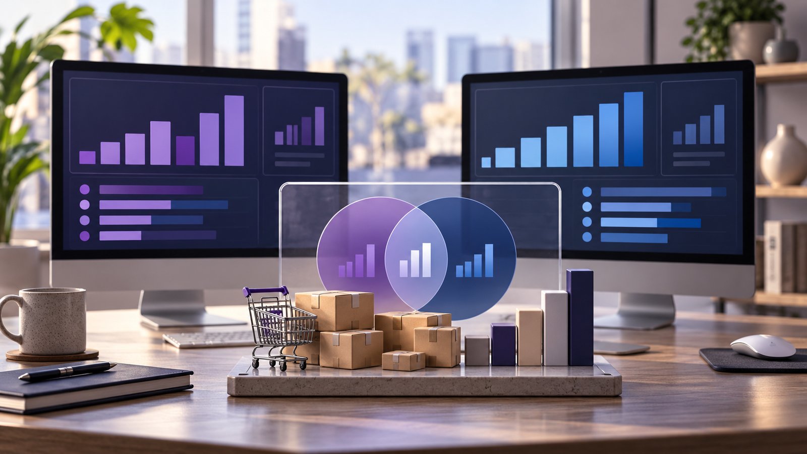 Two unbranded advertising dashboards and overlapping sales symbols on an ecommerce analyst desk