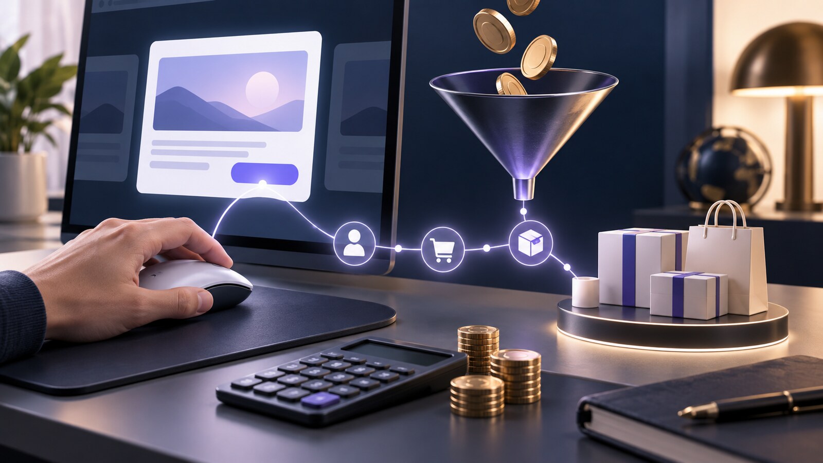 Advertising click funnel connecting ad spend, calculator and completed ecommerce orders