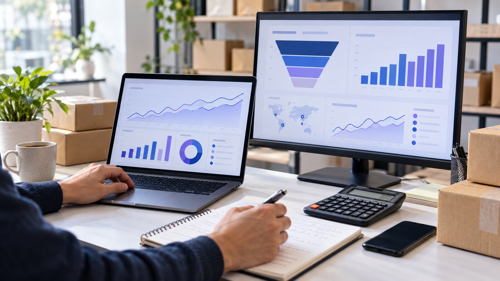Ecommerce marketer comparing paid social campaign charts with a calculator and order packages