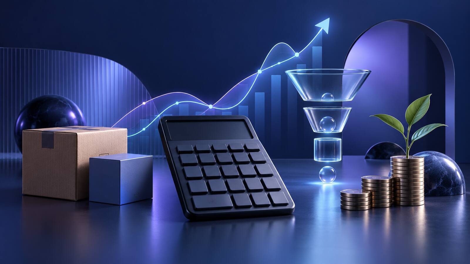 Calculator, conversion funnel, product parcels and profit growth symbols illustrating ROAS improvement