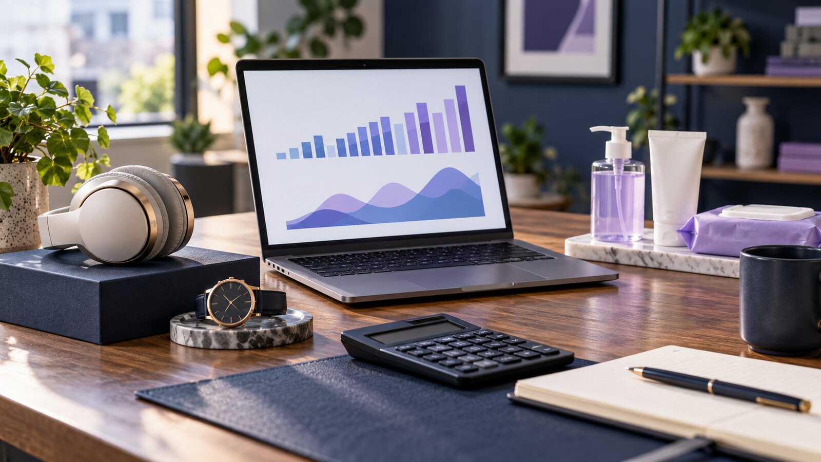 Ecommerce desk with premium and everyday products beside an unlabeled advertising dashboard and calculator