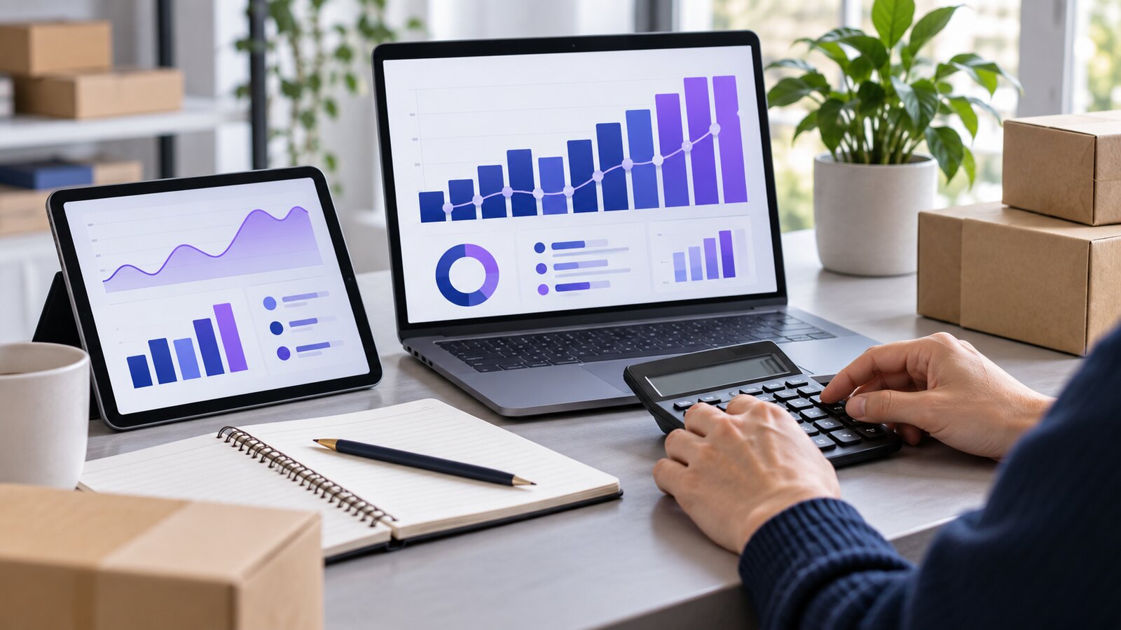 Ecommerce analyst using a calculator beside unbranded advertising revenue charts