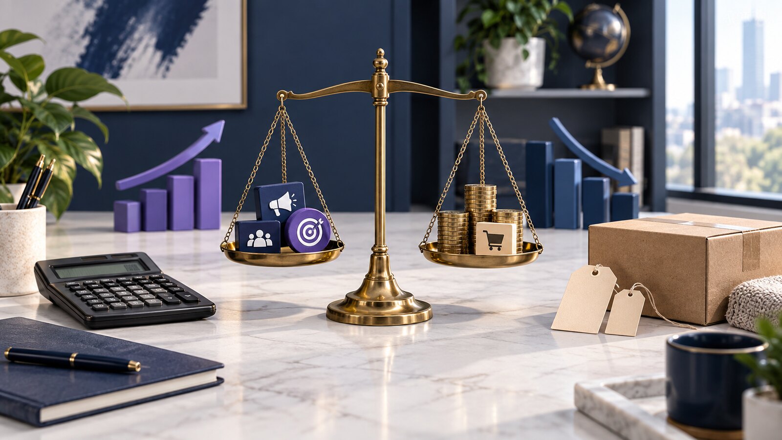Balanced scale comparing advertising inputs with ecommerce revenue and fulfillment costs